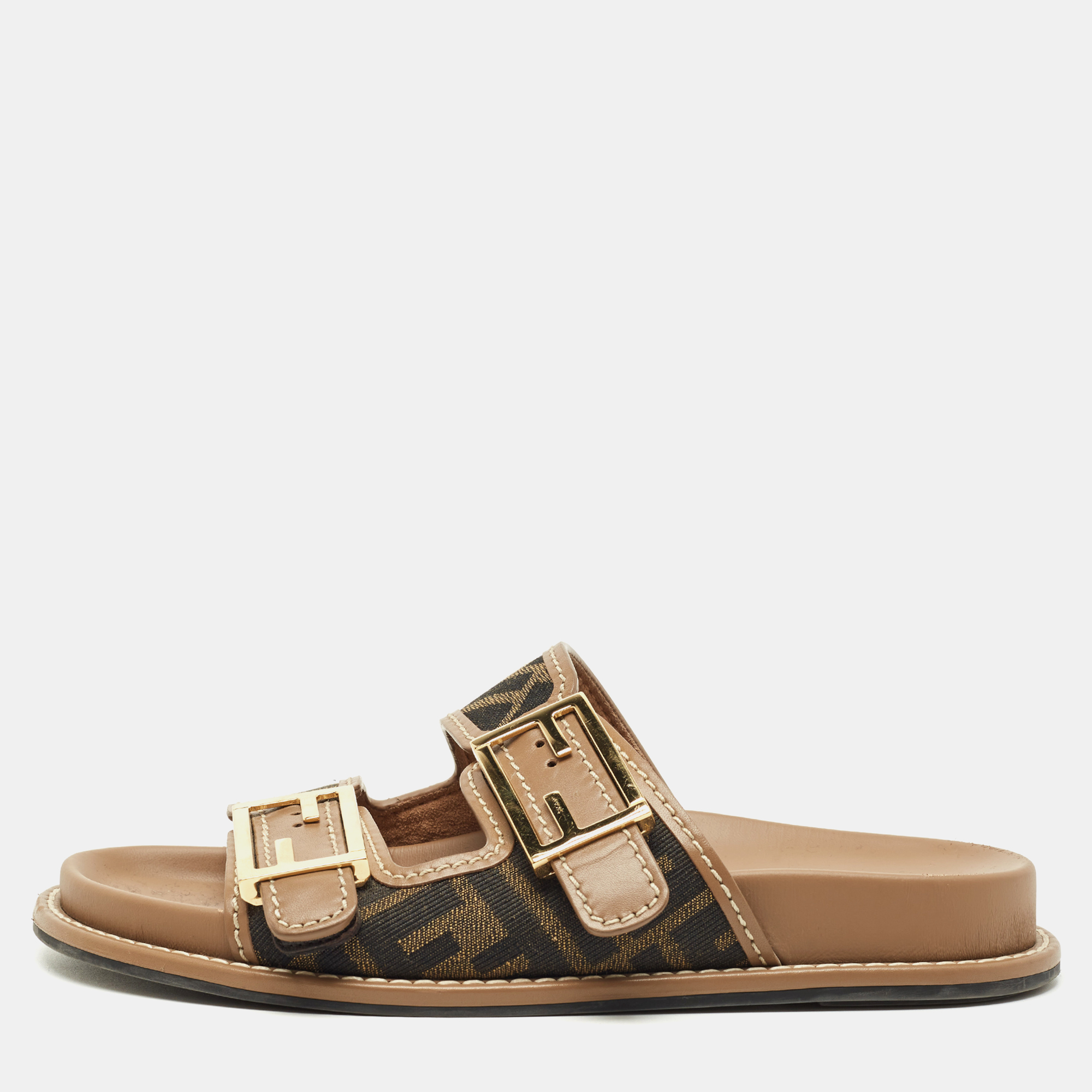 fendi brown zucca canvas and leather feel flat sandals size 35