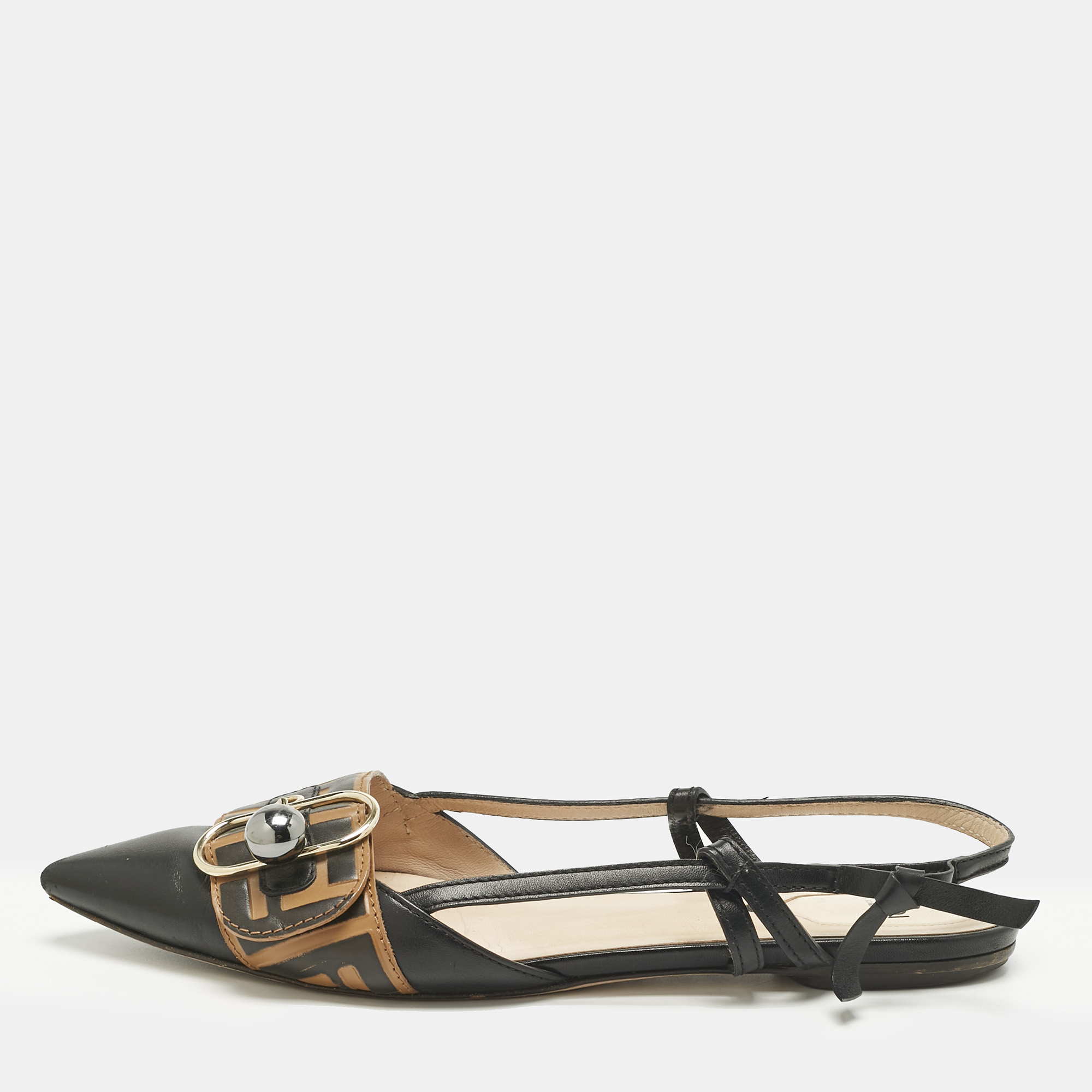 fendi black/brown leather buckle strap slingback pointed sandals size 40