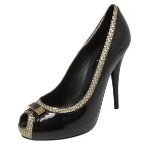 fendi black patent and textured leather peep toe platform pumps size 41