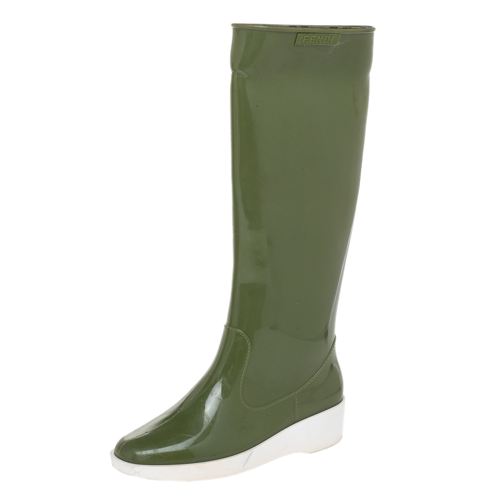 luxury-women-fendi-used-shoes-p479129-006.jpg Fendi Green Rubber Wedge Rain Boots Size 36