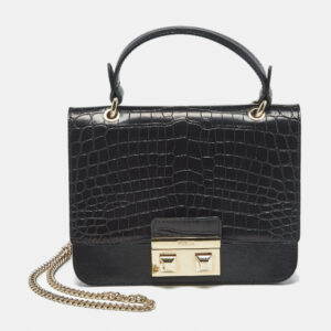 furla black croc embossed and leather mini bella top handle bag
