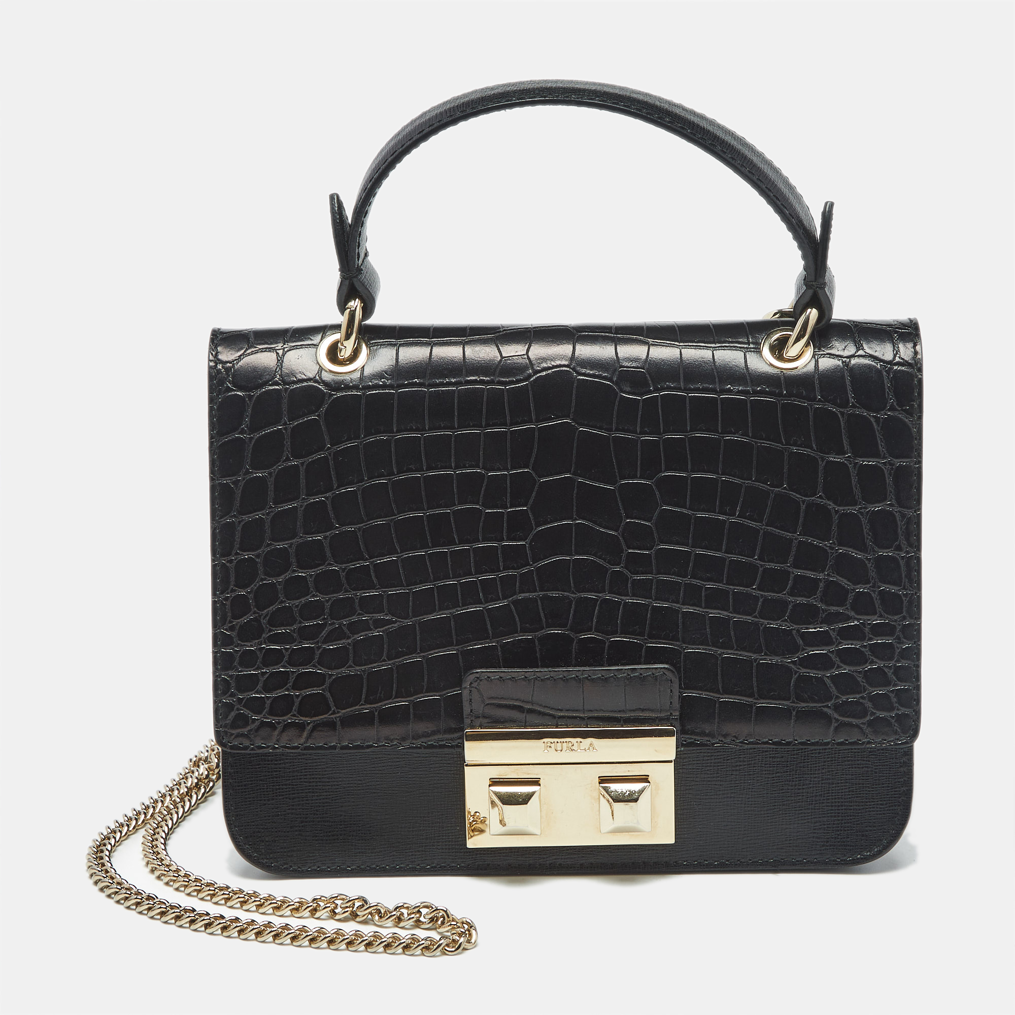 furla black croc embossed and leather mini bella top handle bag