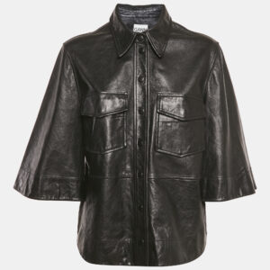 luxury-women-ganni-used-clothes-p1177563-003.jpg ganni black leather button front wide sleeve shirt jacket l