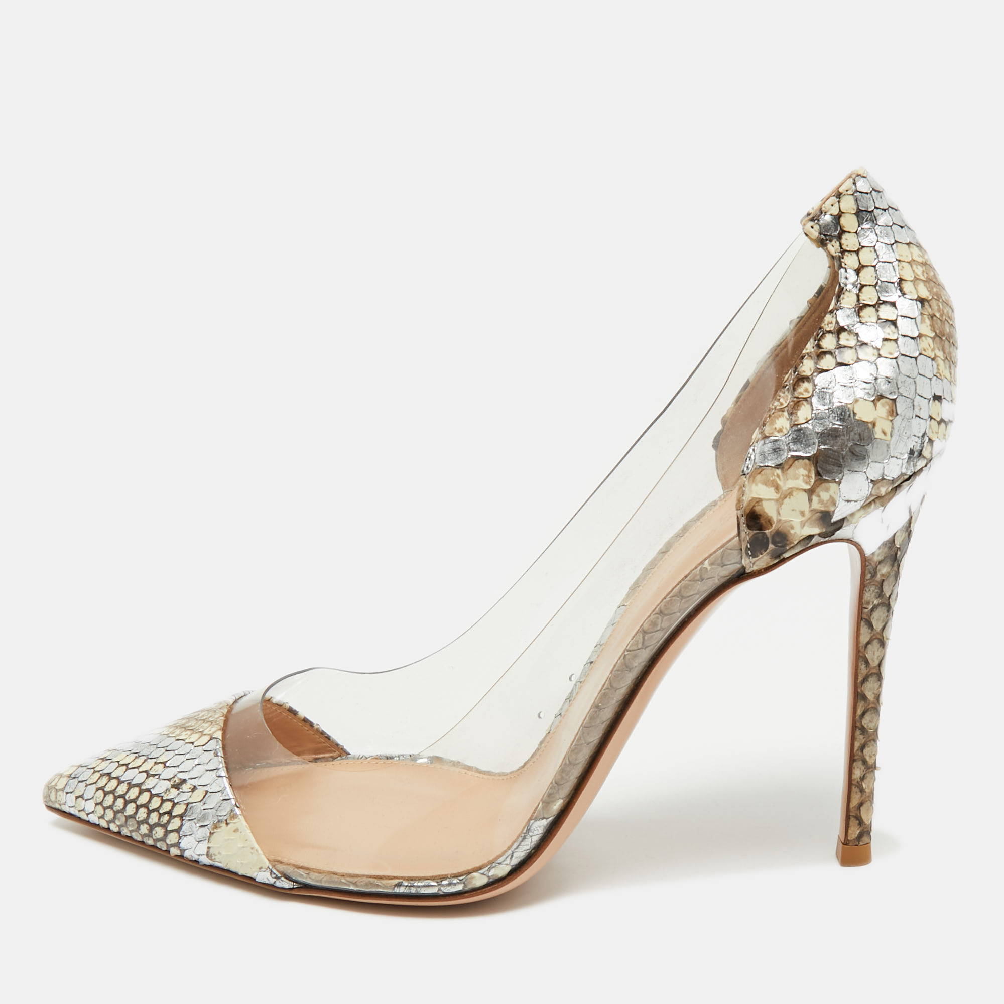 gianvito rossi beige/transparent  pvc and python leather plexi pumps size 41.5