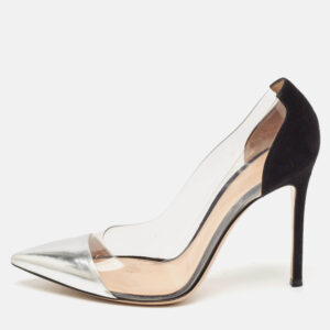 gianvito rossi silver/black leather and pvc plexi pointed toe pumps size 38
