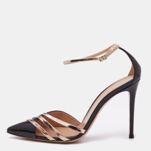 gianvito rossi black patent leather metallic trim ankle strap sandals size 39.5