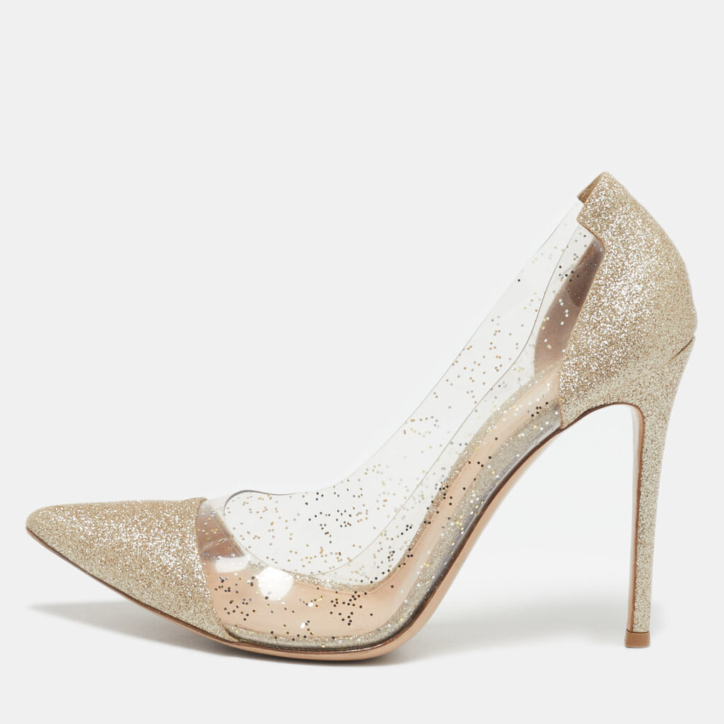 luxury-women-gianvito-rossi-used-shoes-p1129449-001.jpg Gianvito Rossi Gold/Transparent Glitter and PVC Plexi Pumps Size 41