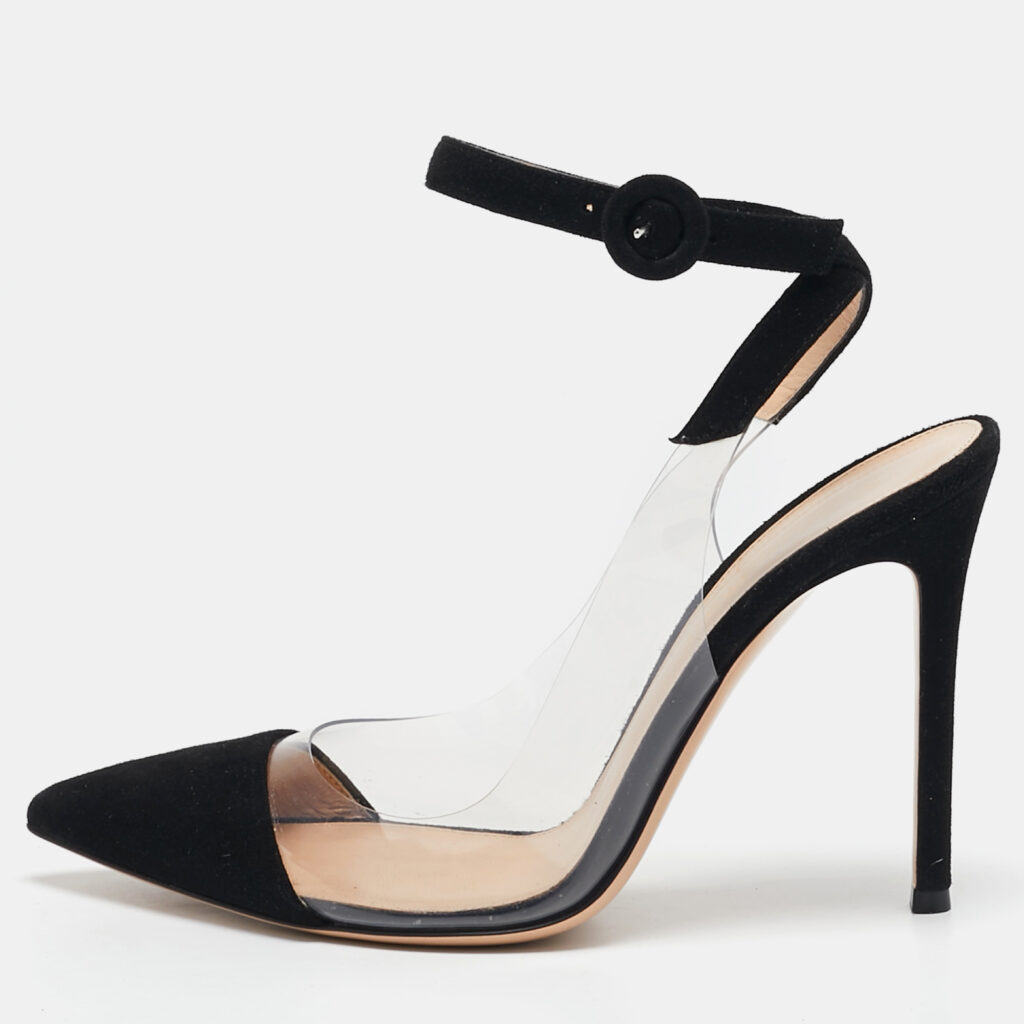 luxury-women-gianvito-rossi-used-shoes-p1142770-009.jpg Gianvito Rossi Black Suede and PVC Anise Ankle Strap Pumps Size 38