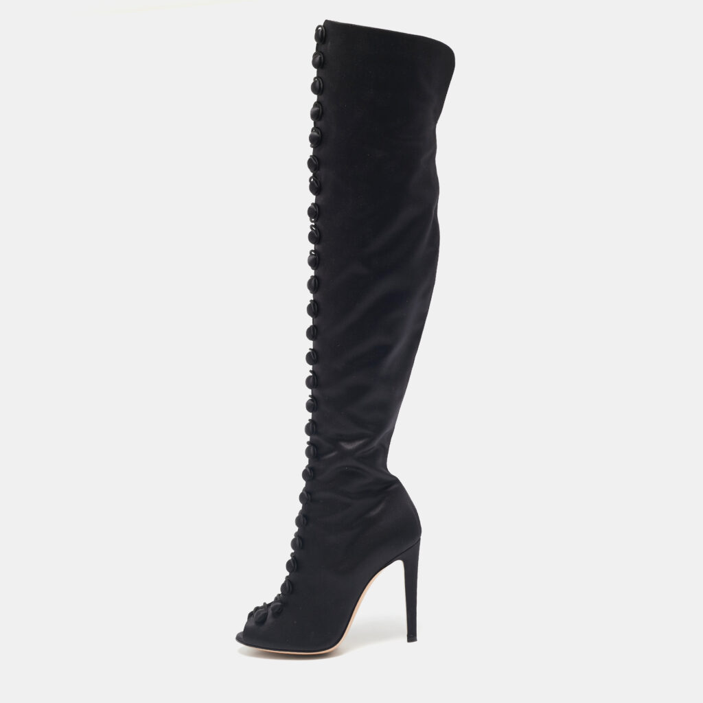 luxury-women-gianvito-rossi-used-shoes-p1145078-002.jpg Gianvito Rossi Black Satin Button Knee Length Boots Size 37