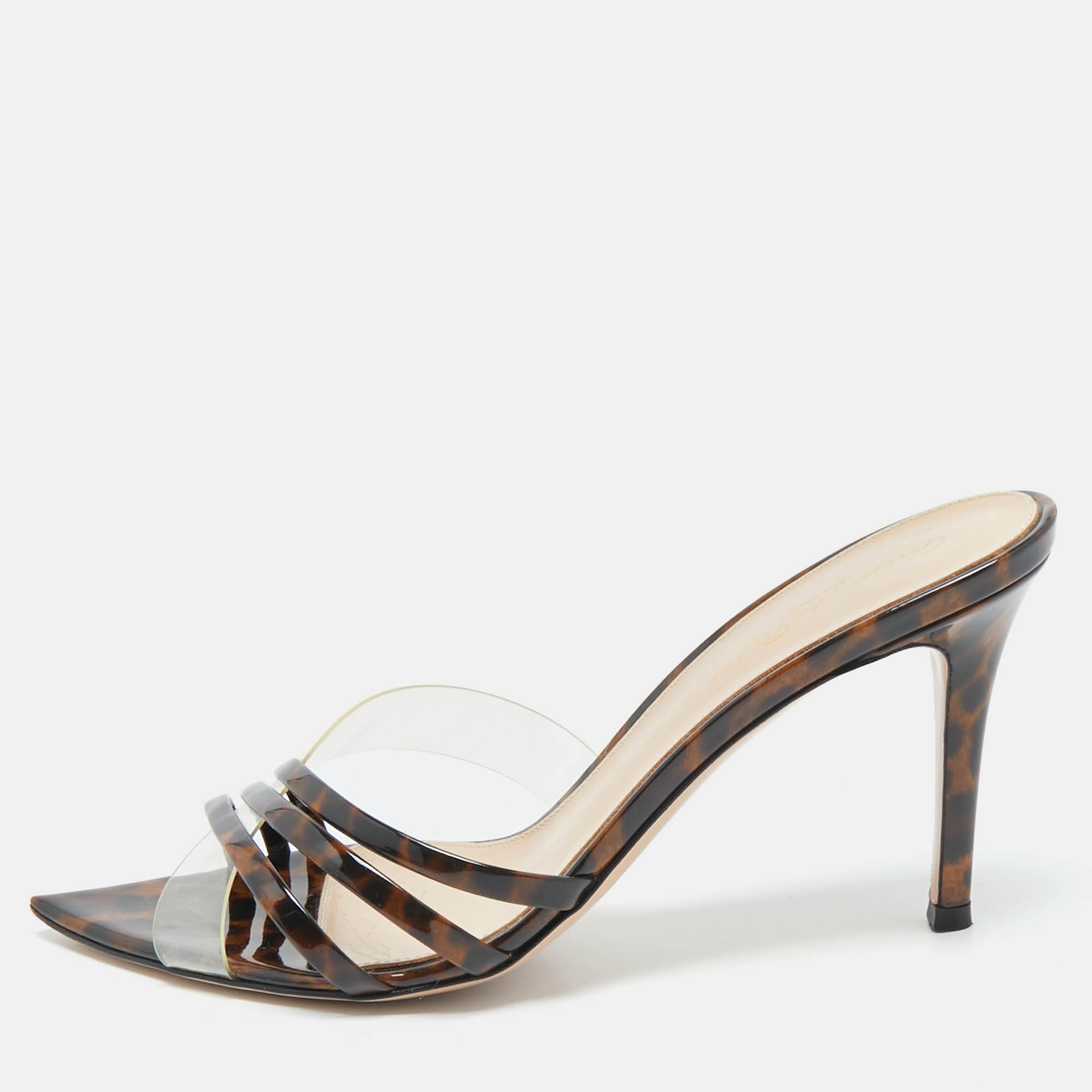 gianvito rossi transparent/brown patent leather and pvc elle slide sandals size 37.5