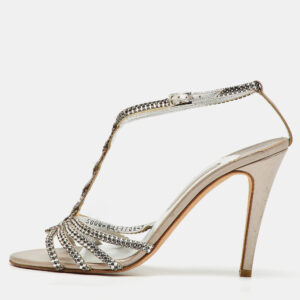 gina silver leather crystal embellished t-strap sandals size 40