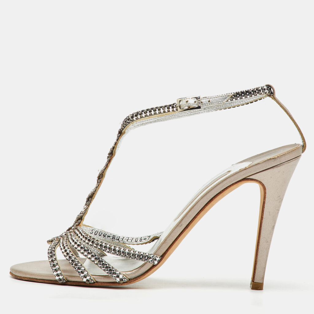 luxury-women-gina-used-shoes-p1138450-003.jpg Gina Silver Leather Crystal Embellished T-Strap Sandals Size 40