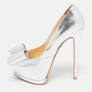 giuseppe zanotti silver leather bow peep toe platform pumps size 37.5