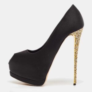giuseppe zanotti black satin platform peep toe pumps size 38.5