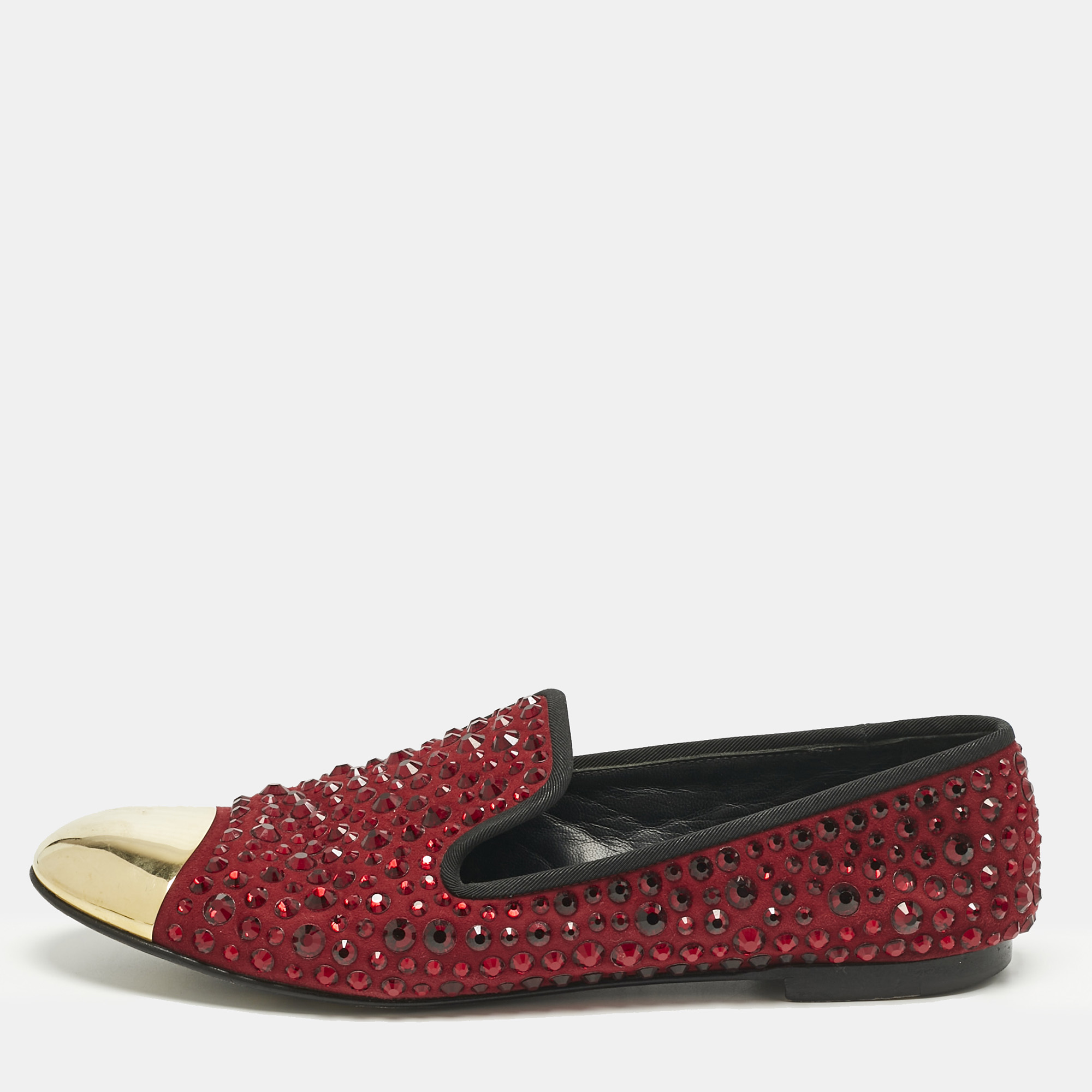 giuseppe zanotti burgundy suede cap toe crystals embellished smoking slippers size 39.5