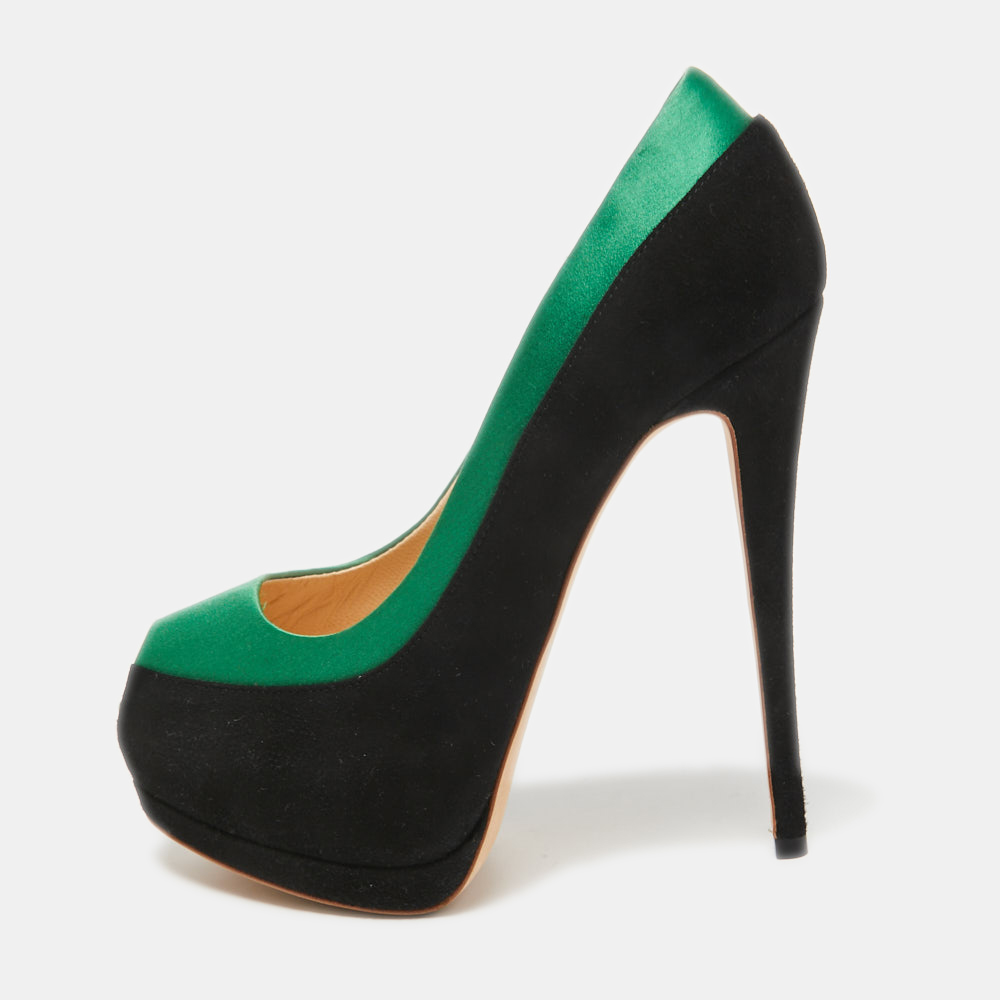 luxury-women-giuseppe-zanotti-used-shoes-p768958-001.jpg Giuseppe Zanotti Black/Green Suede and Satin Peep Toe Platform Pumps Size 37