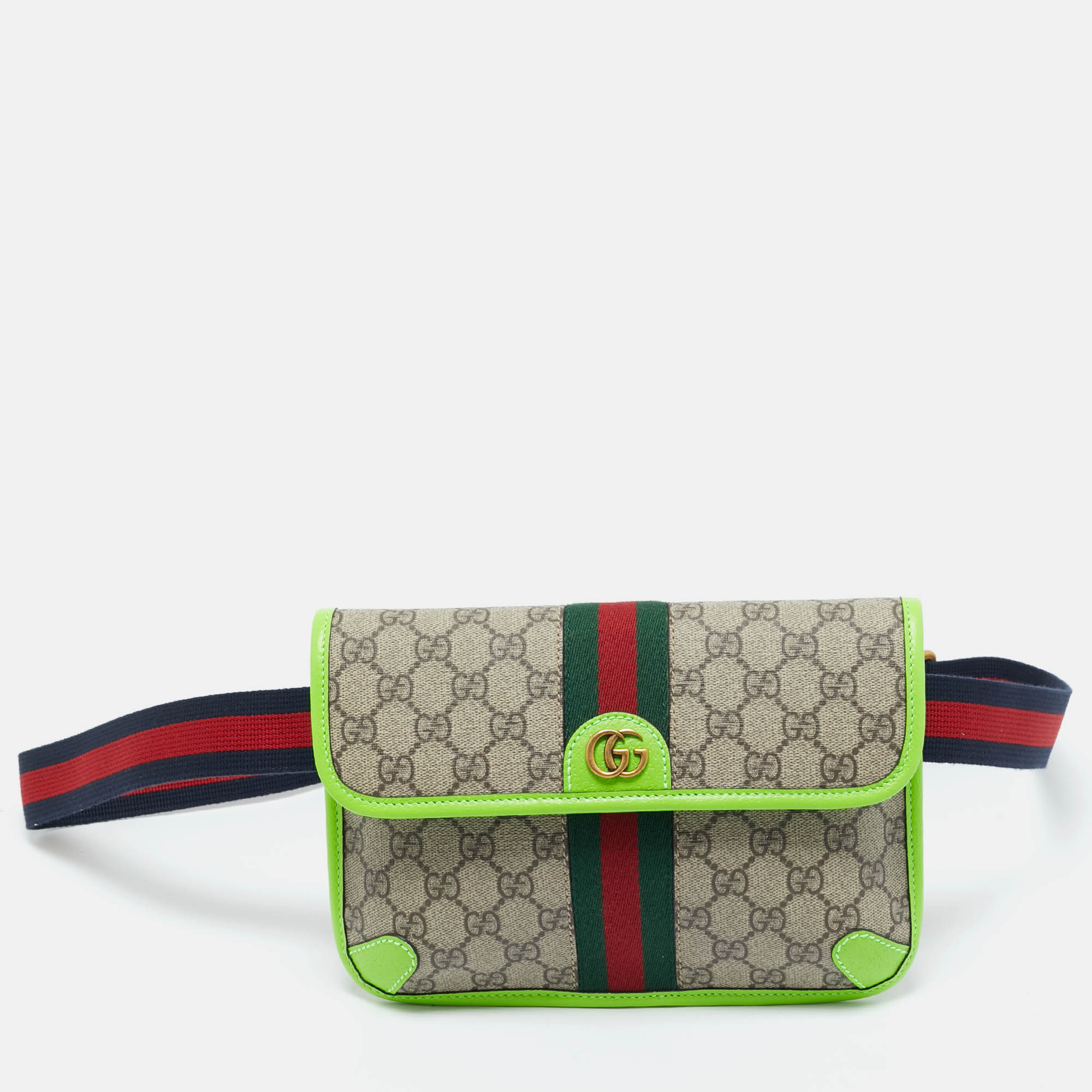 gucci neon green/beige gg supreme canvas small ophidia belt bag