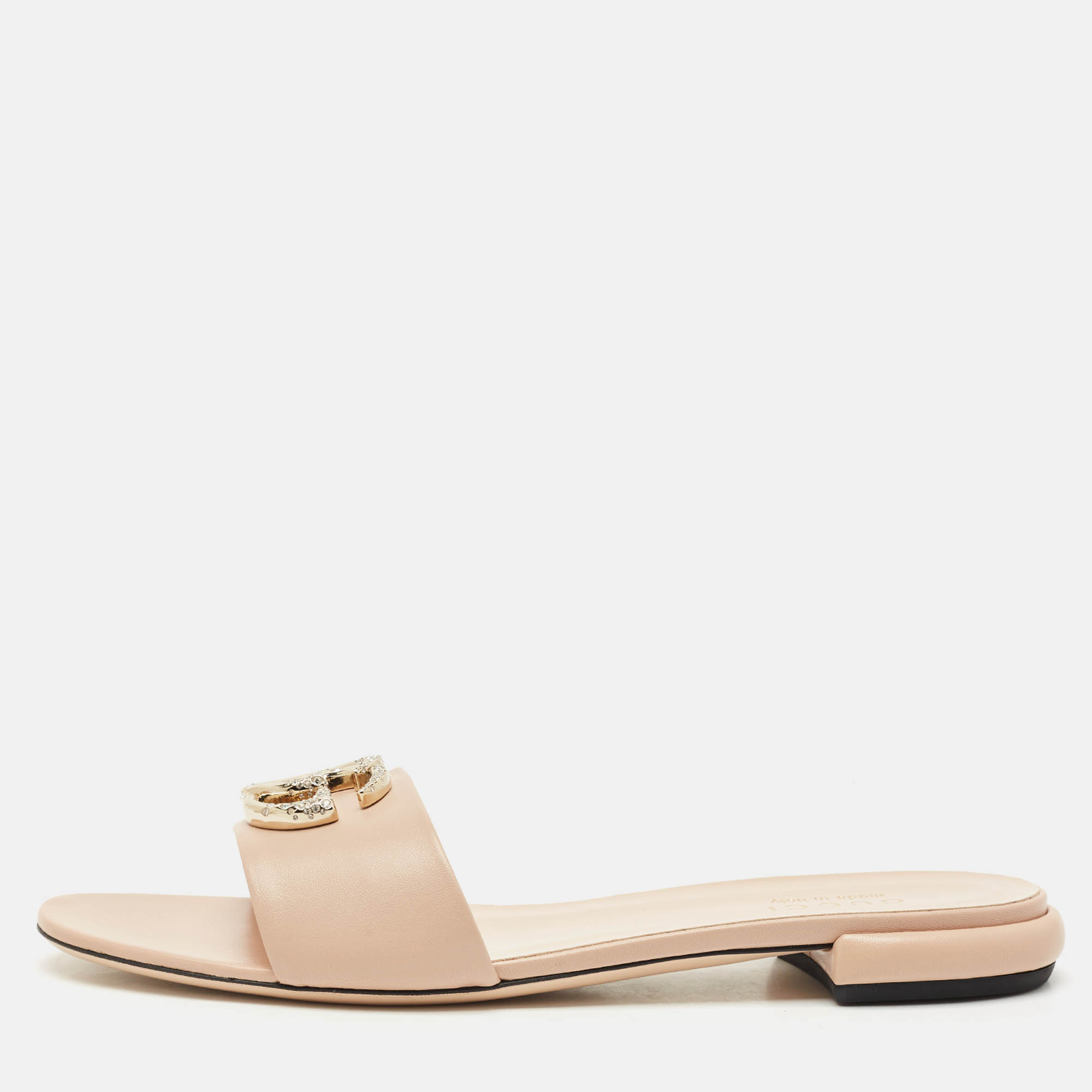 gucci light pink leather double g flat slides size 39