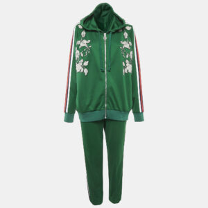 gucci green floral embroidered cotton blend knit tracksuit xl/l