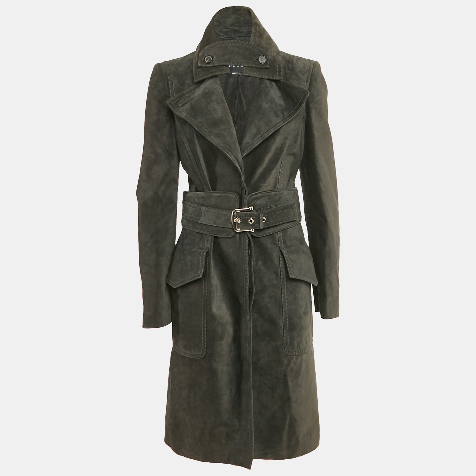gucci charcoal black suede button front trench coat m