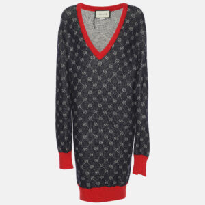 gucci bicolor logo patterned knit contrast trim sweater dress s