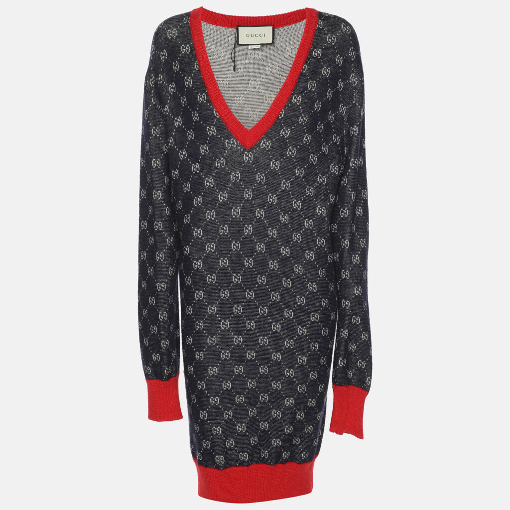 luxury-women-gucci-used-clothes-p1140966-008-2.jpg Gucci Bicolor Logo Patterned Knit Contrast Trim Sweater Dress S
