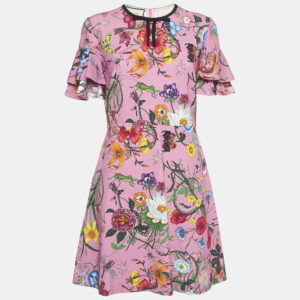 gucci pink floral print jersey flared sleeve mini dress xl