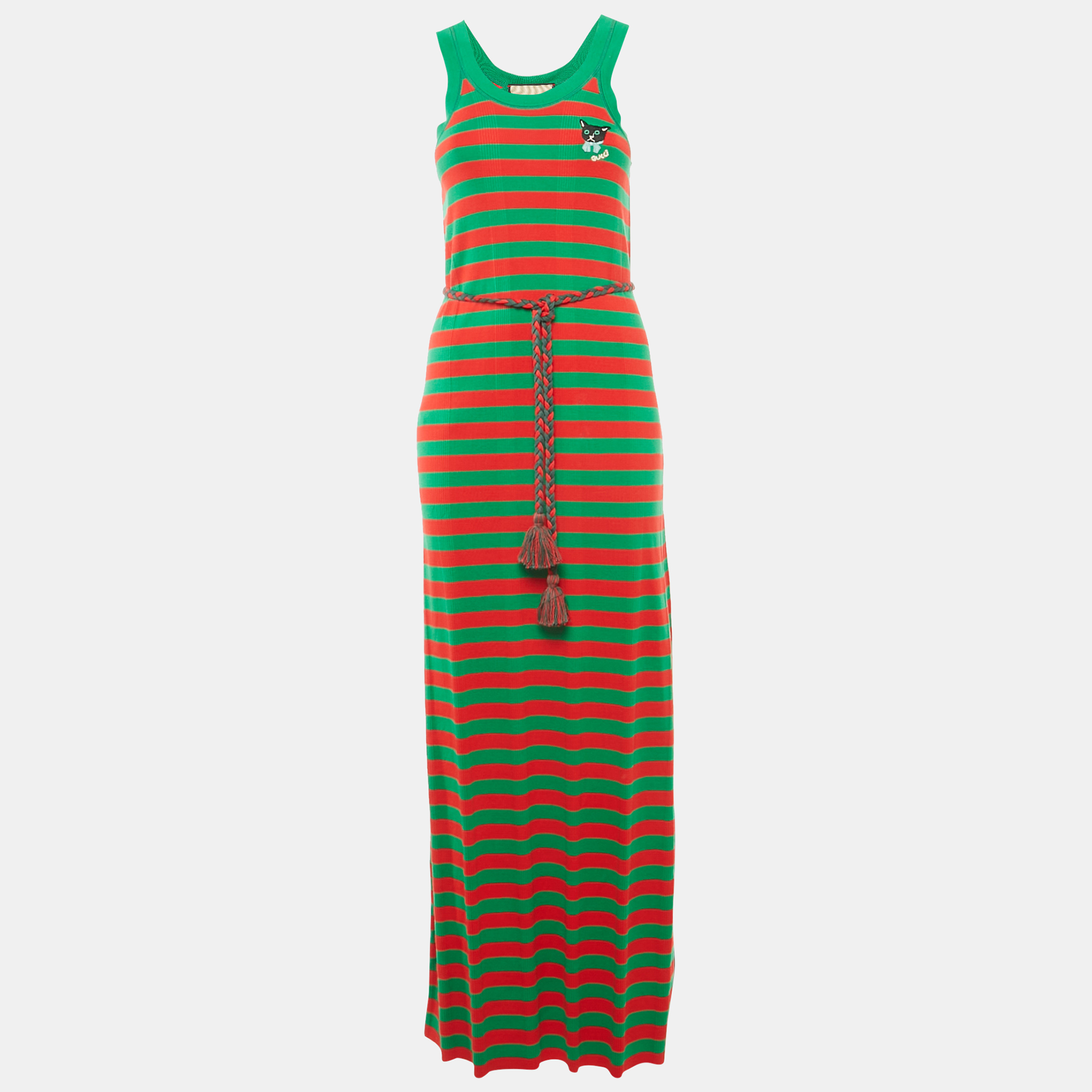 gucci green/red striped rib knit belted maxi dress s