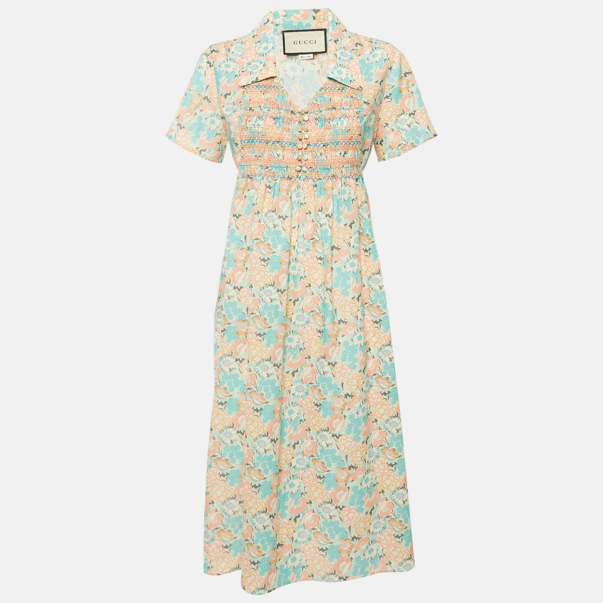 gucci x liberty blue floral print wool shirring detail midi dress m