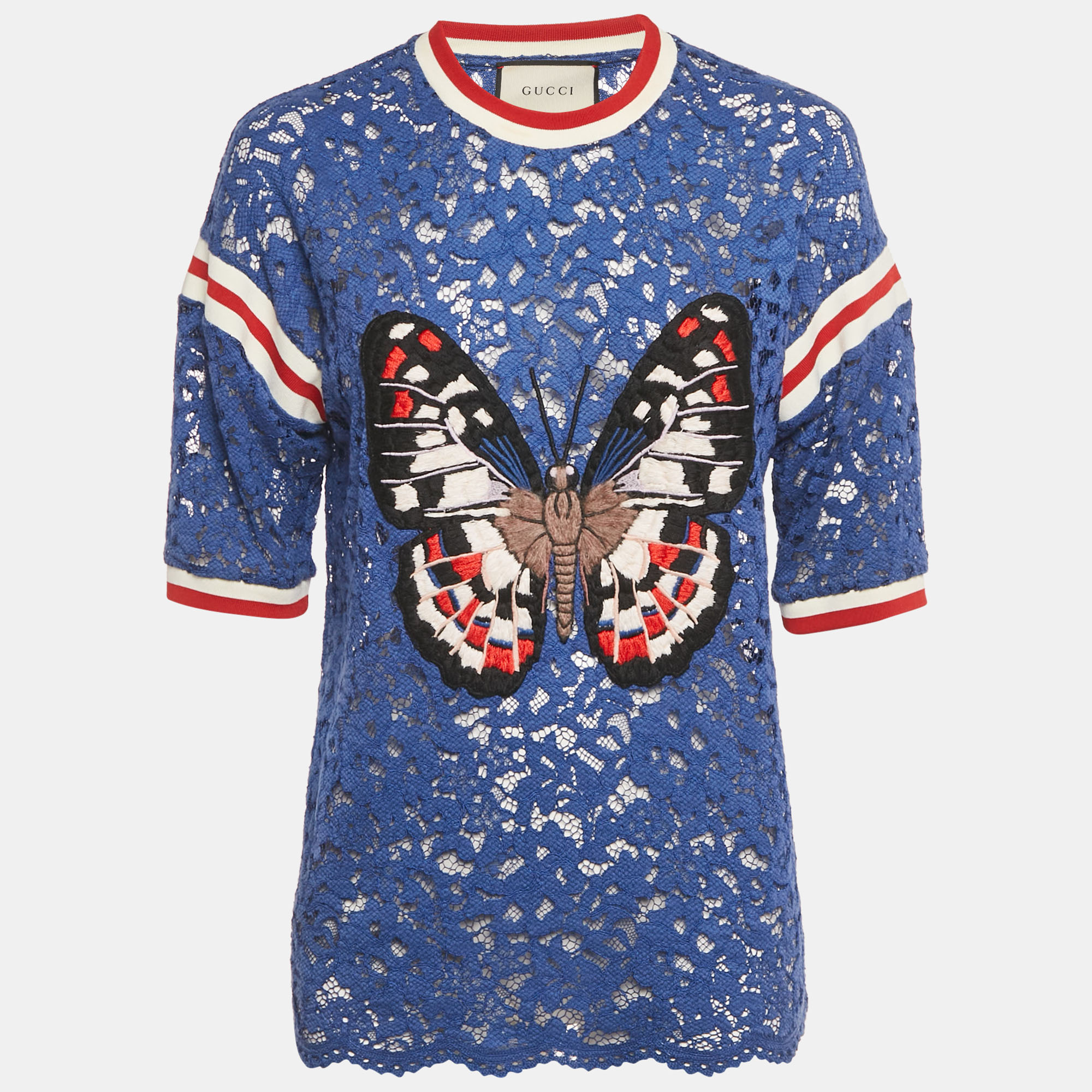 gucci blue butterfly applique lace crewneck t-shirt l