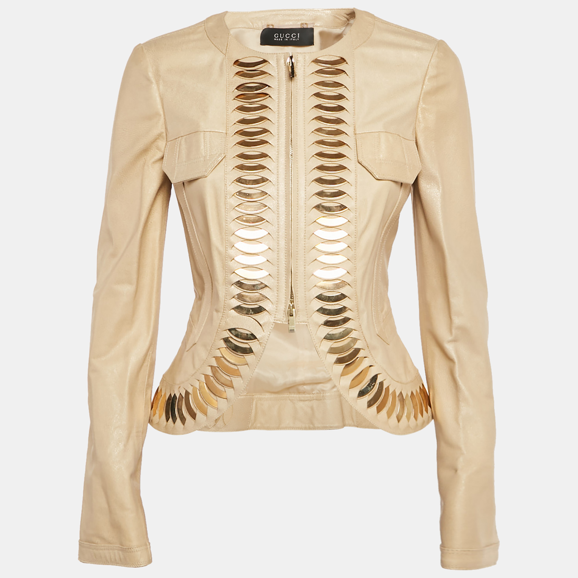 gucci gold shimmer embellished leather zip up jacket s