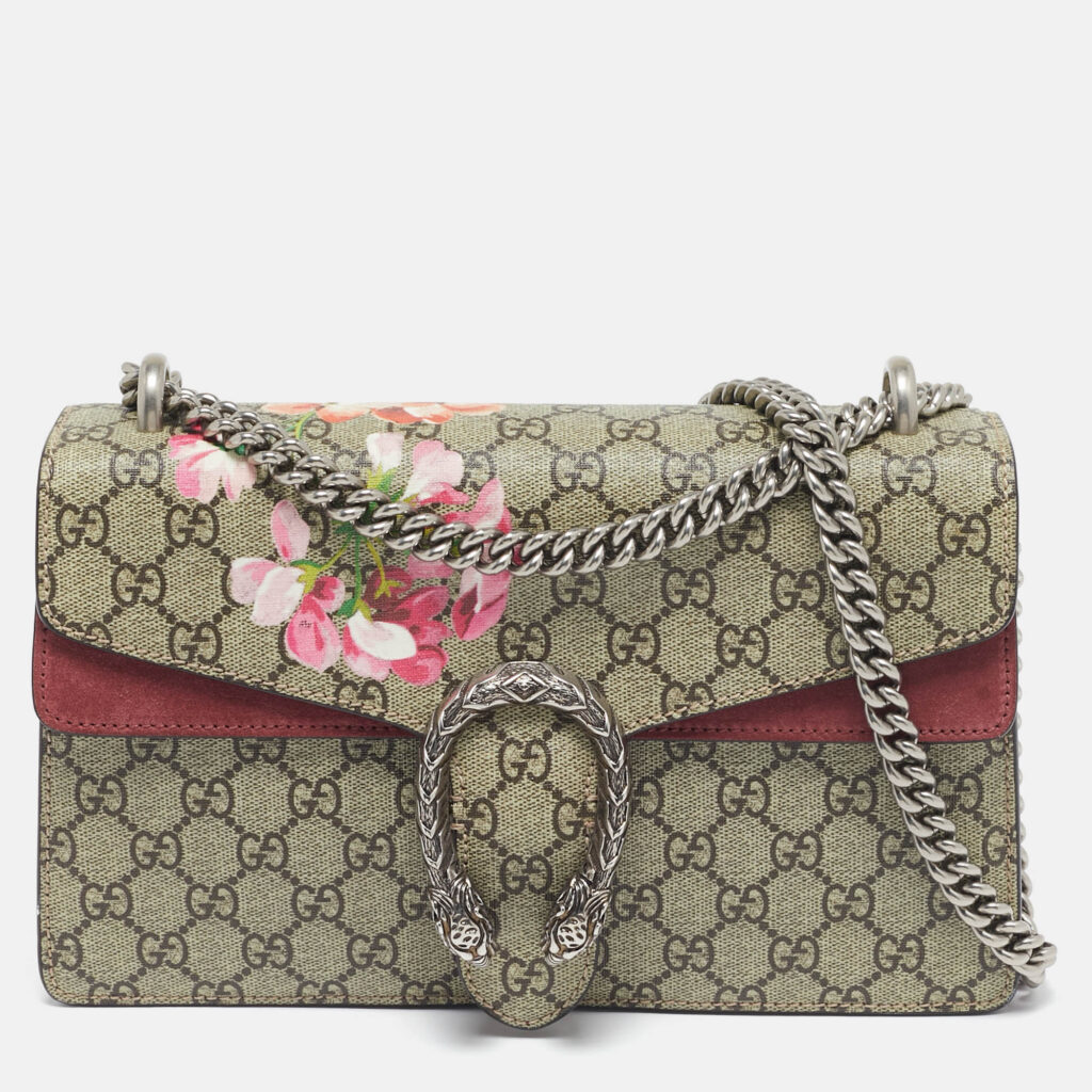 luxury-women-gucci-used-handbags-p1107780-016.jpg Gucci Old Rose/Beige GG Supreme Canvas and Suede Small Dionysus Blooms Shoulder Bag