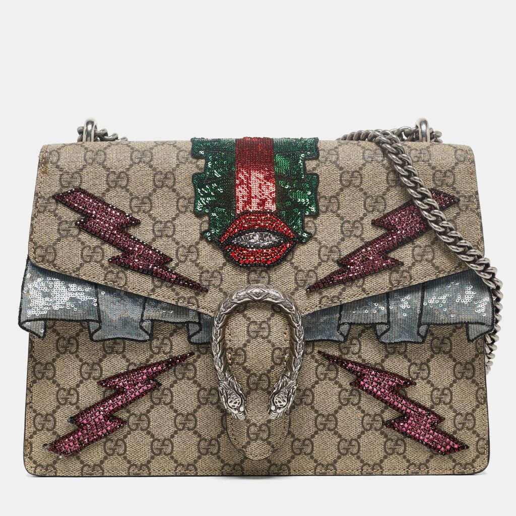 luxury-women-gucci-used-handbags-p1108527-007-2.jpg Gucci Beige GG Supreme Canvas and Suede Medium Embellished Dionysus Shoulder Bag