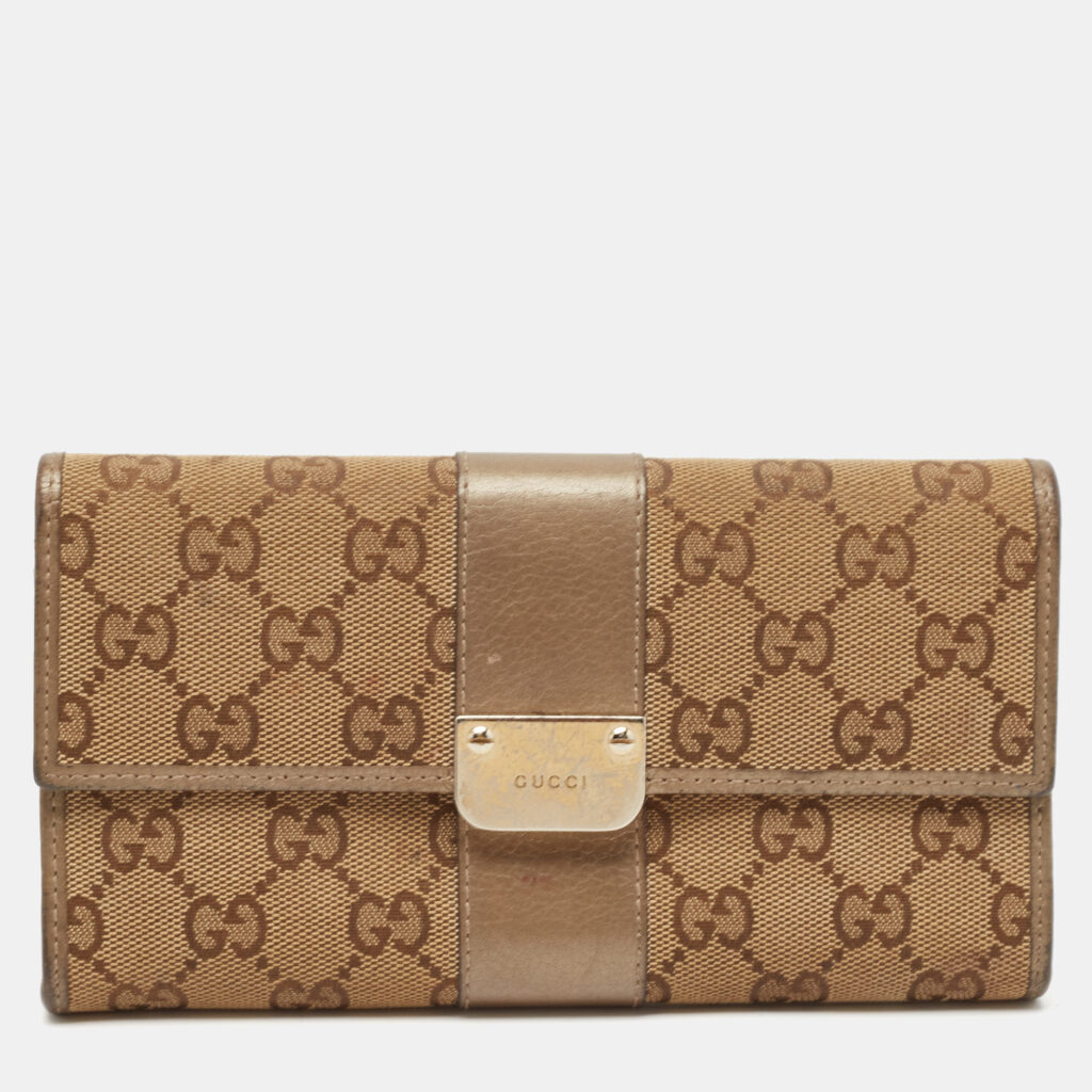 luxury-women-gucci-used-handbags-p1120771-006.jpg Gucci Beige/Brown GG Canvas and Leather Flap Continental Wallet