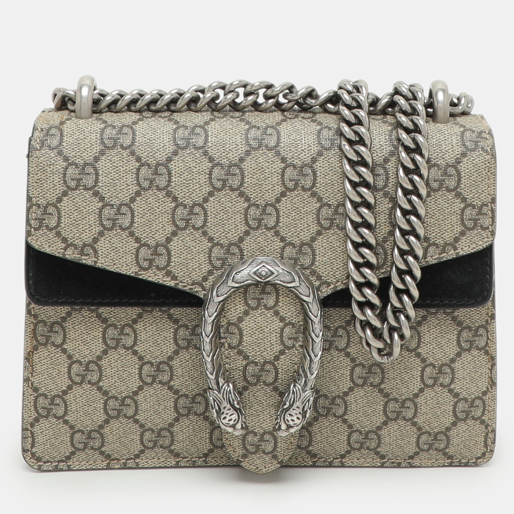 gucci beige/black gg supreme canvas and suede mini dionysus shoulder bag