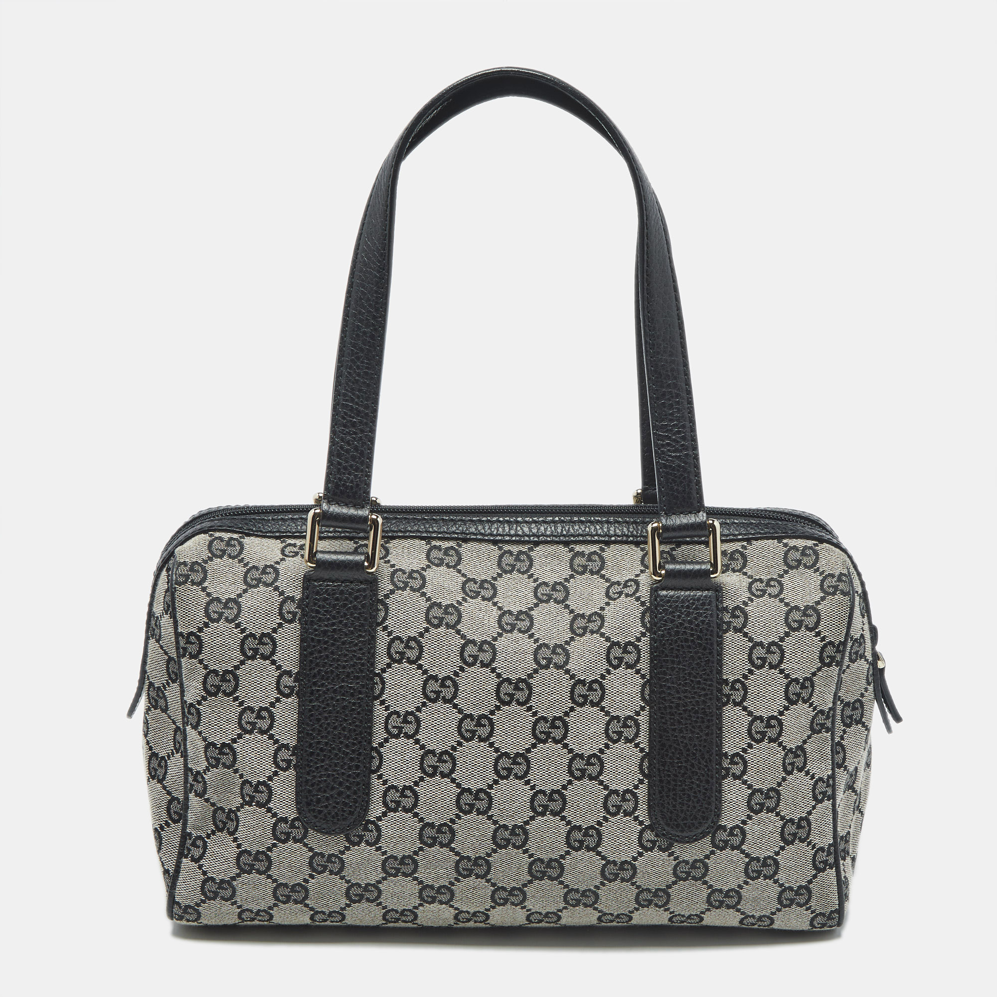 gucci black gg canvas and leather boston bag