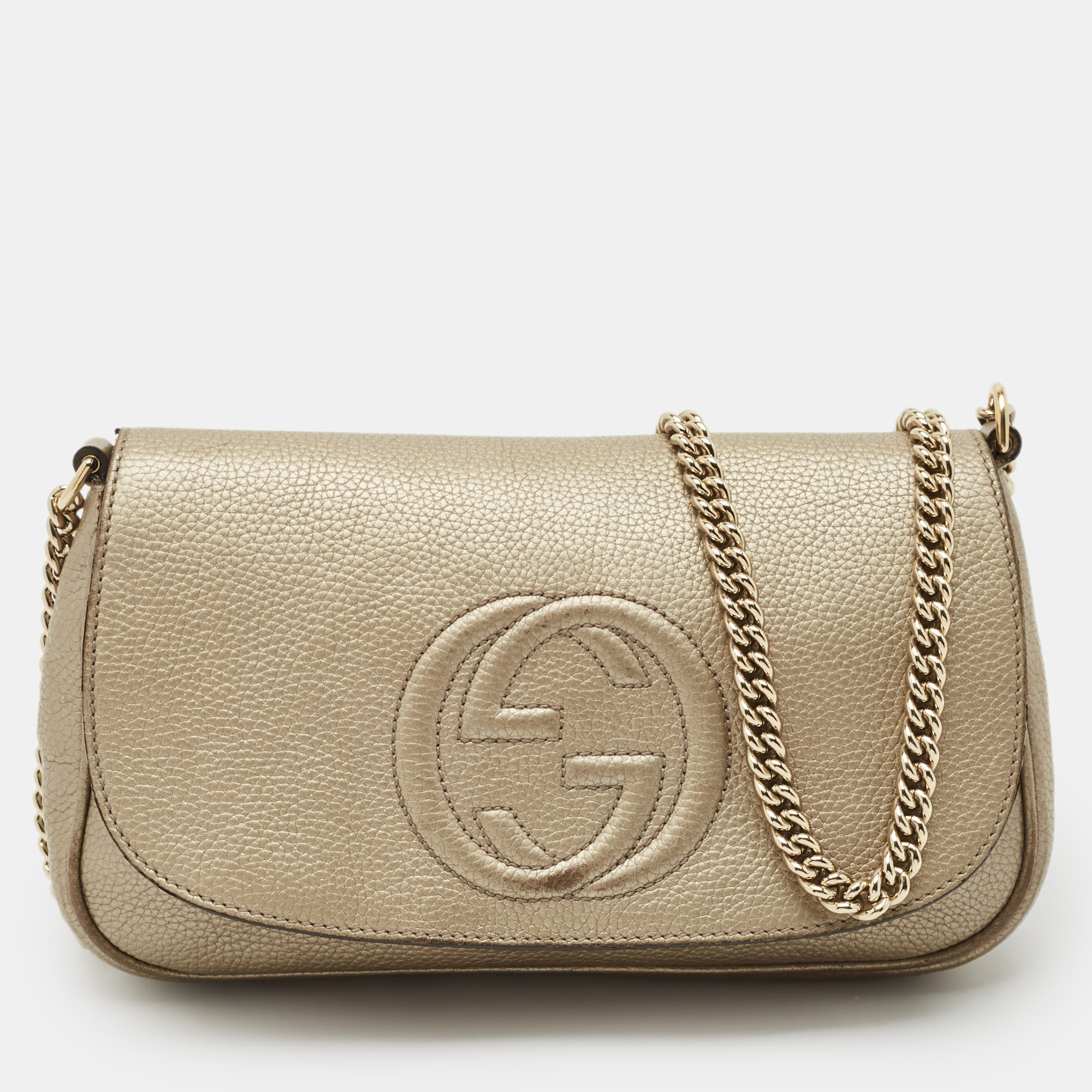 gucci beige leather soho flap chain shoulder bag