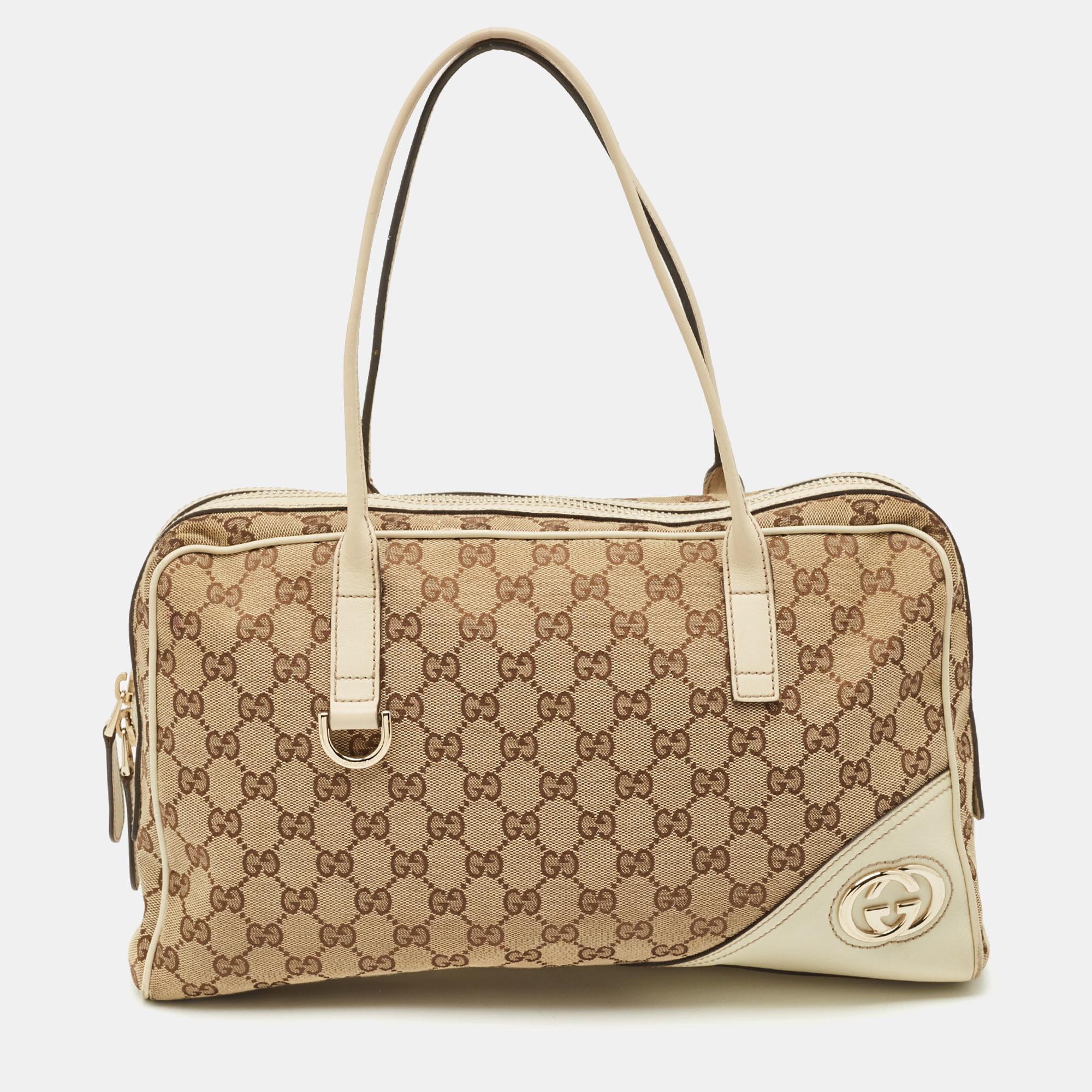gucci beige/off white gg canvas and leather britt boston bag