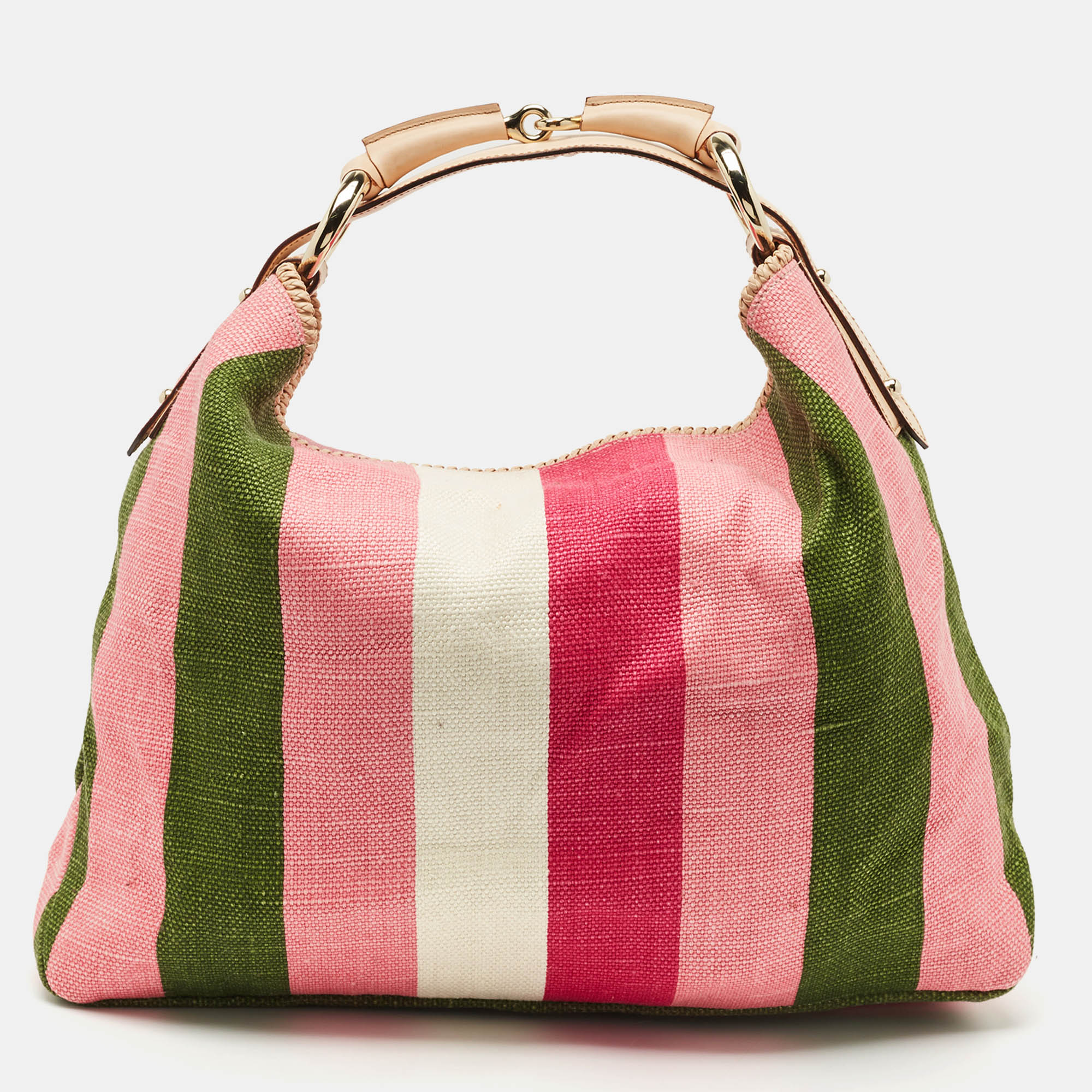gucci multicolor stripe canvas and leather large horsebit handle bag