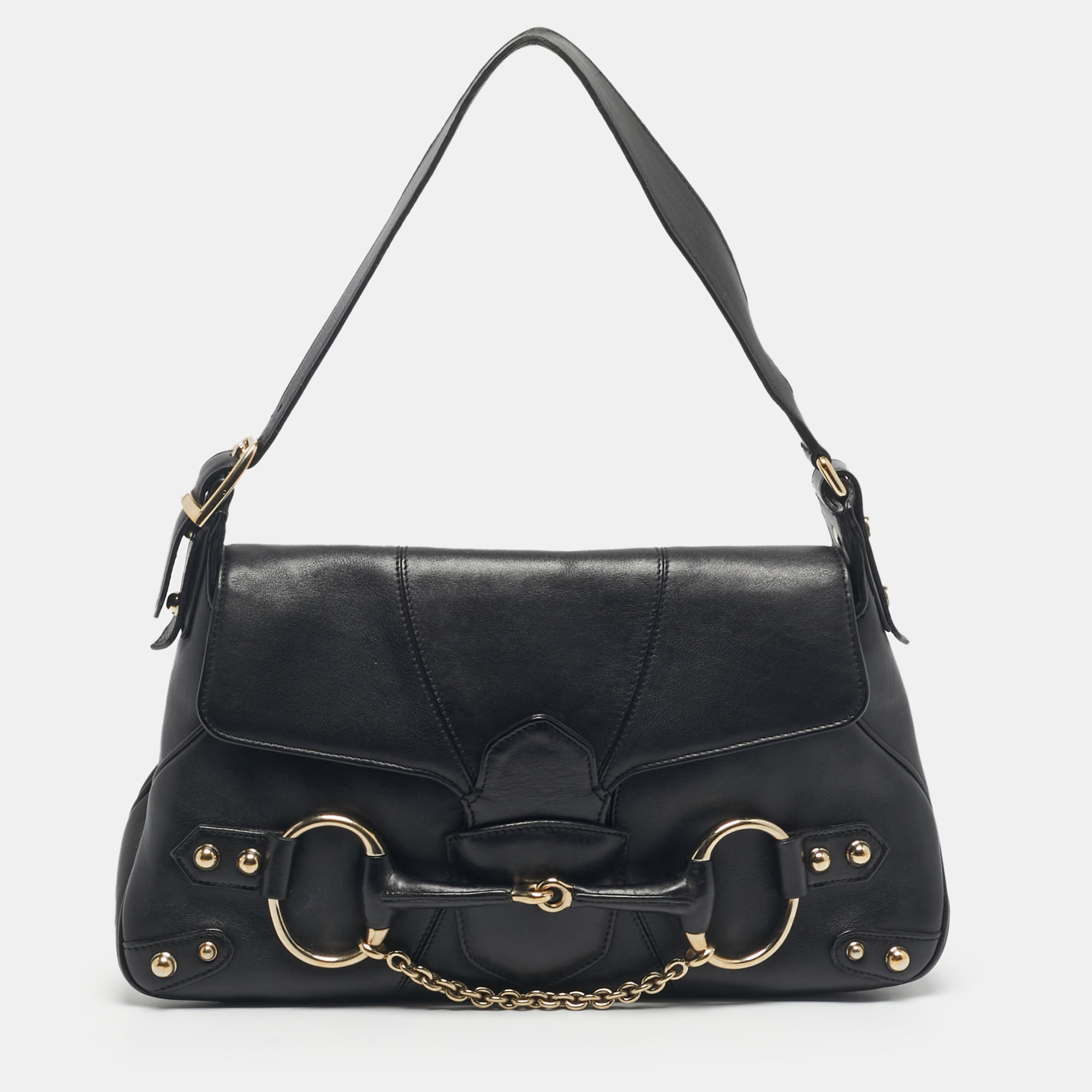 gucci black leather horsebit flap shoulder bag