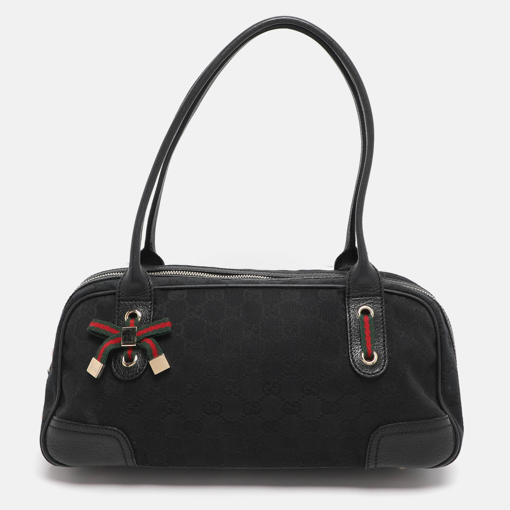 gucci black gg nylon and leather princy boston bag