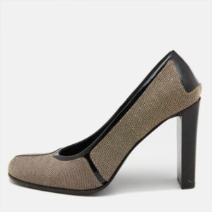 gucci brown/black canvas and patent leather court saith square toe pumps size 36