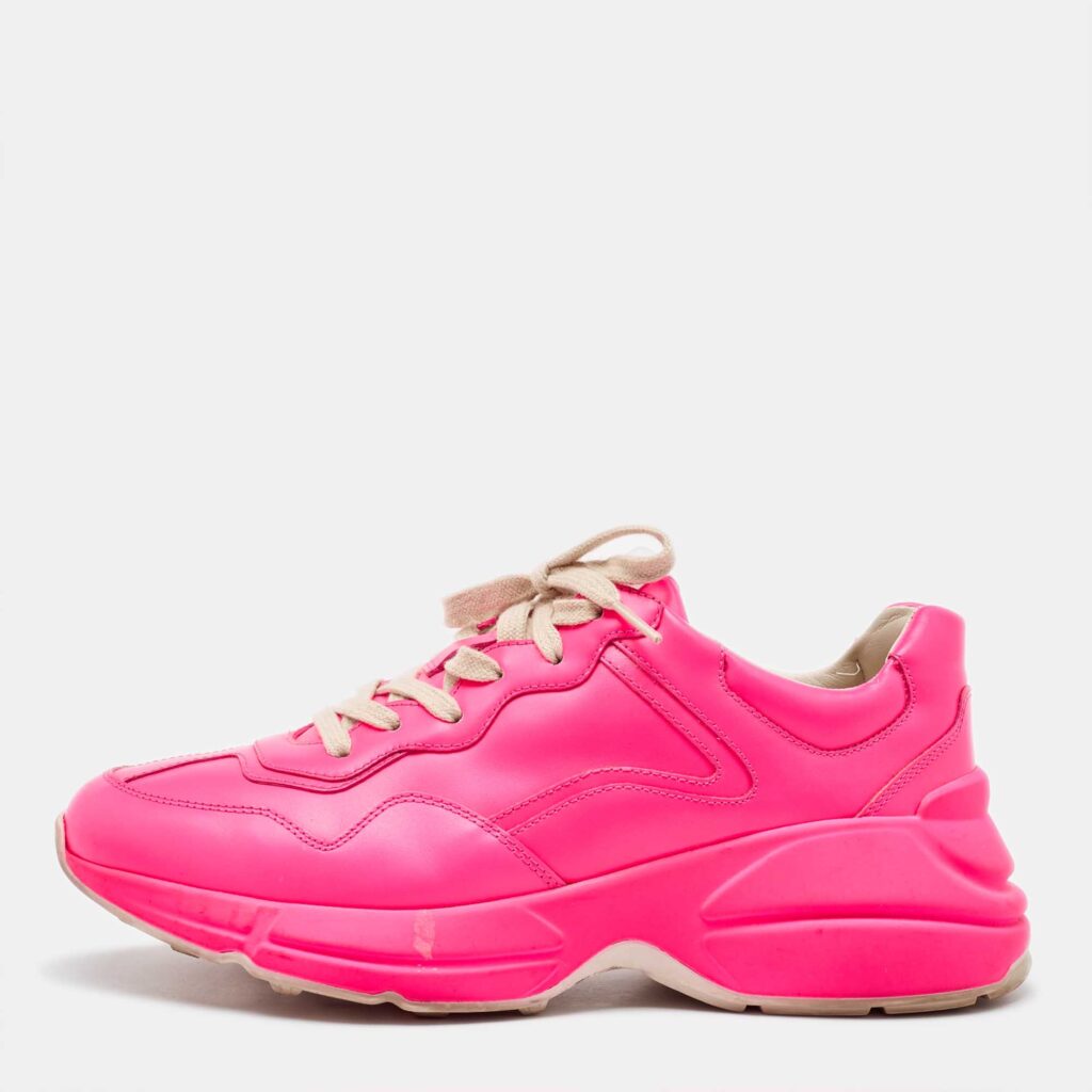 luxury-women-gucci-used-shoes-p1112647-003.jpg Gucci Neon Pink Leather Rhyton Low Top Sneakers Size 39