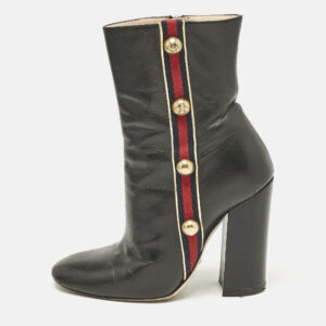 gucci black leather carly malaga studded web detail block heel ankle boots size 37.5