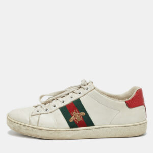 gucci white leather bee embroidered ace web low top sneakers size 37
