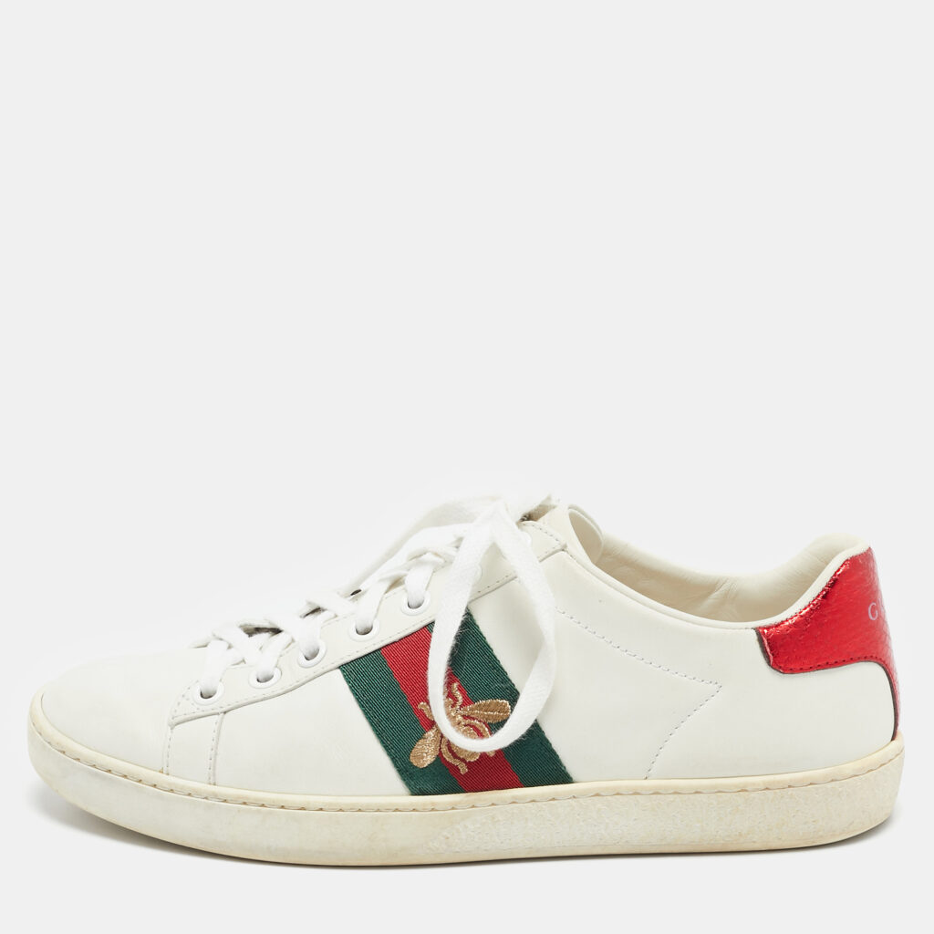 luxury-women-gucci-used-shoes-p1144382-009.jpg Gucci White Leather Web Detail Bee Embroidered Ace Low Top Sneakers Size 35.5