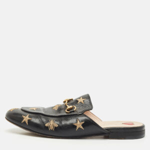gucci black leather bee and star embroidered princetown flat mules size 37.5