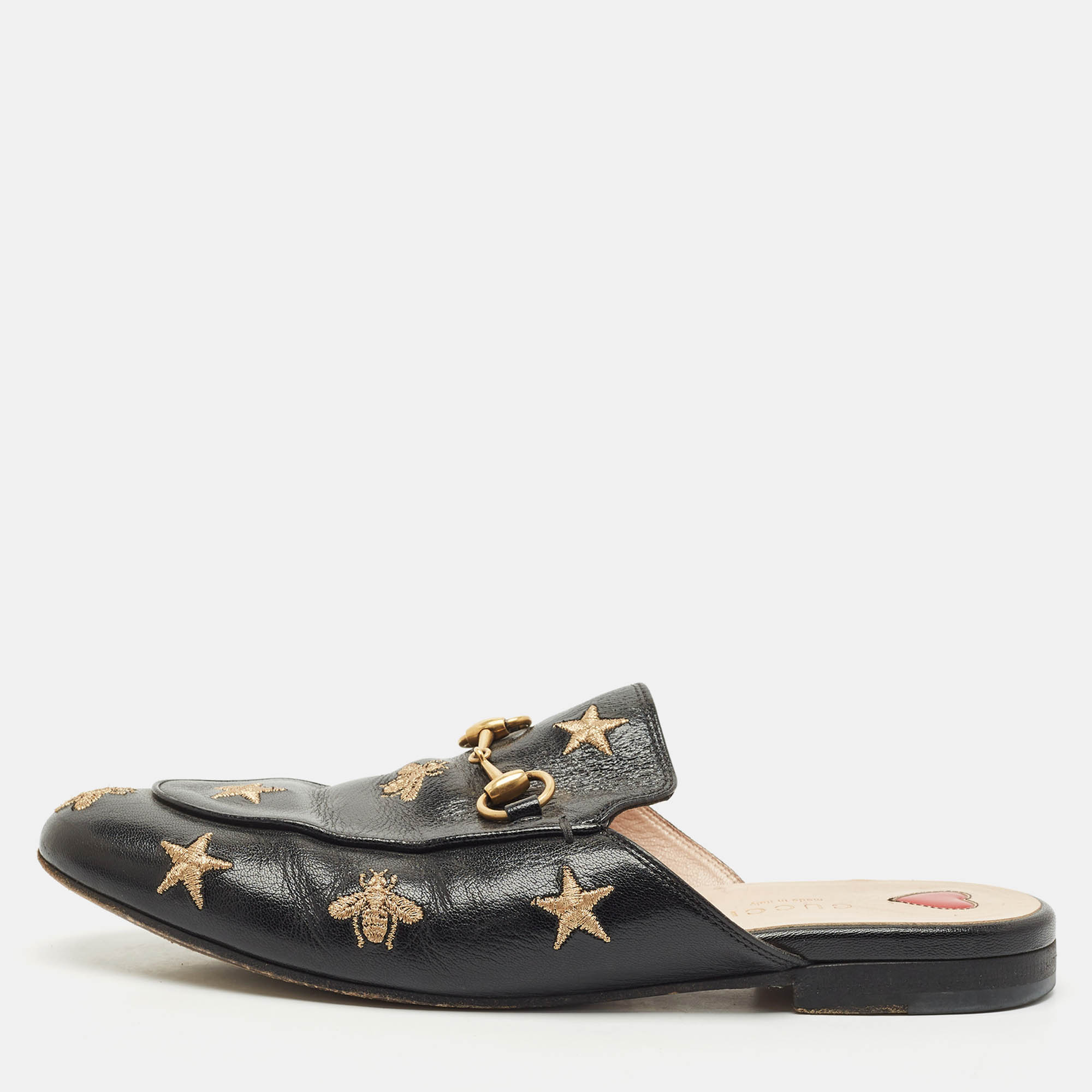 gucci black leather bee and star embroidered princetown flat mules size 37.5