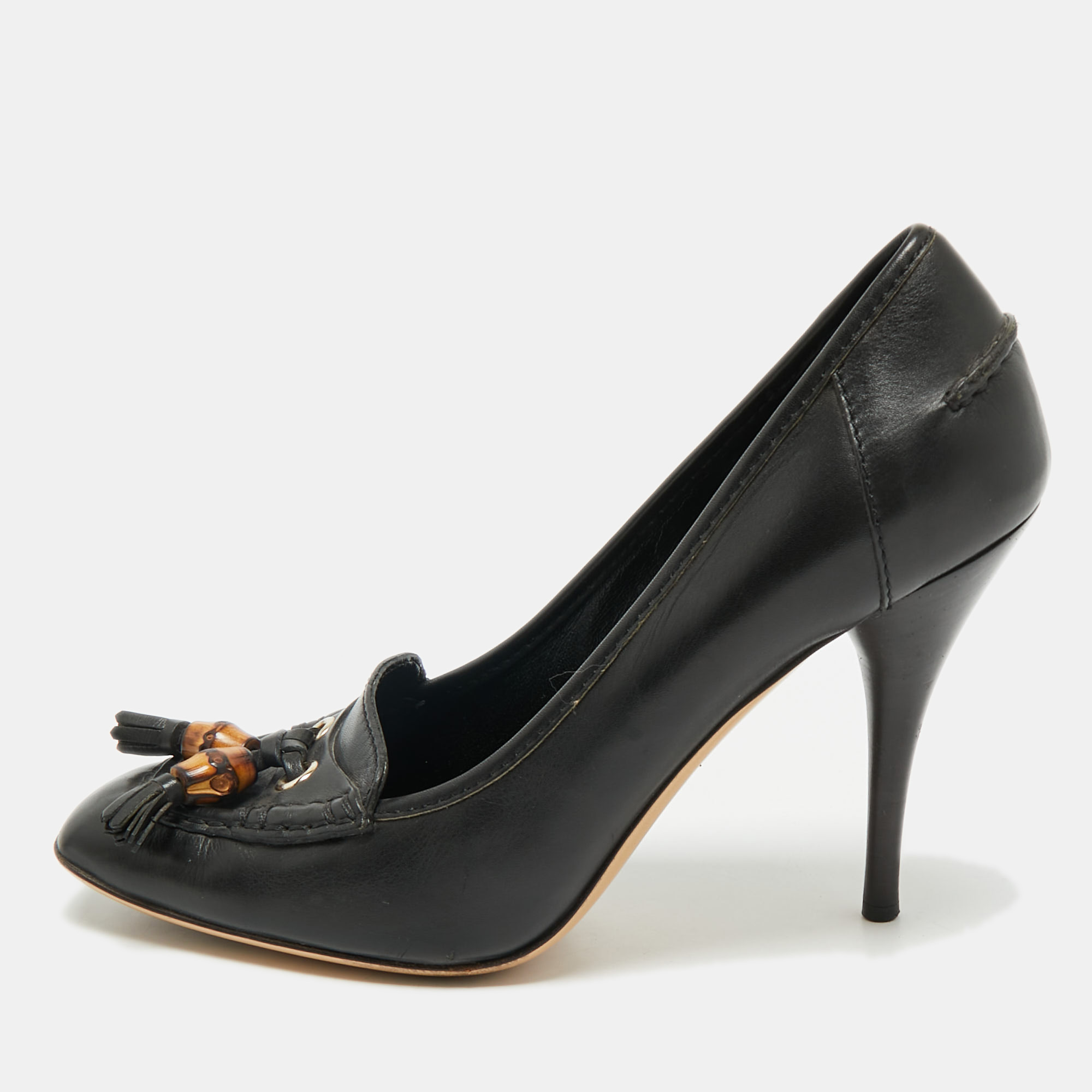 gucci black leather bamboo fringe pumps size 39