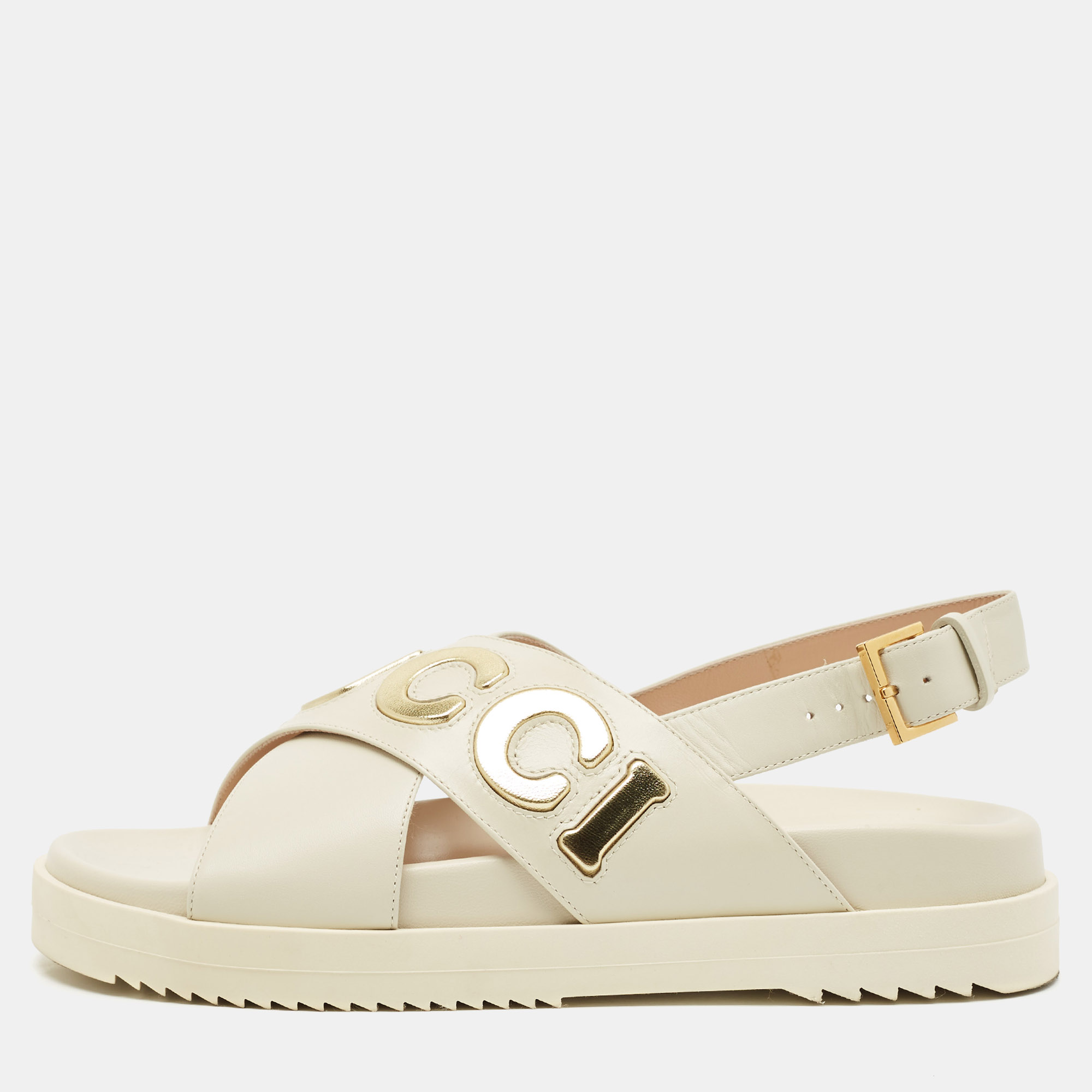 gucci off white leather logo ankle strap flat sandals 38.5